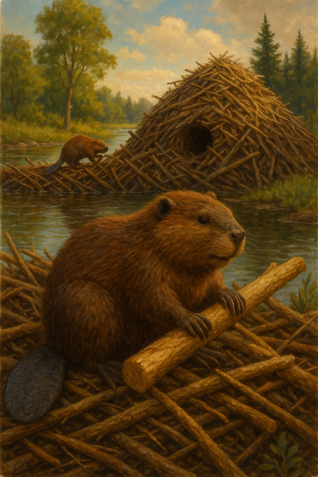 Beaver building a dam structure