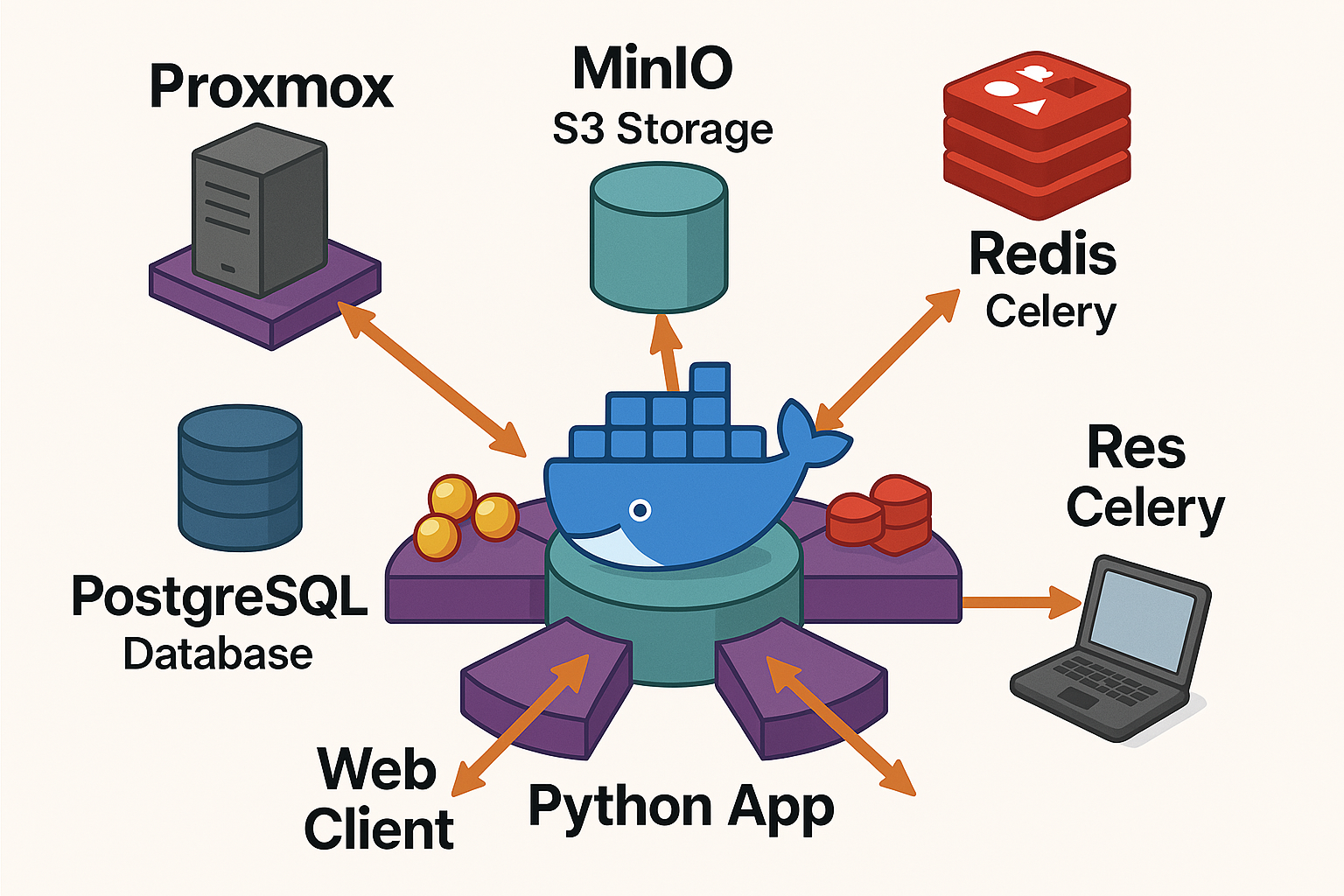 Modern web application architecture with Docker, showing components like Redis, PostgreSQL, MinIO, and Python apps