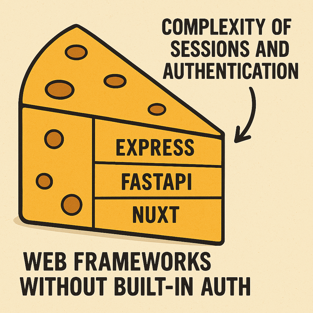 Diagram showing Express, FastAPI, and Nuxt frameworks missing built-in authentication